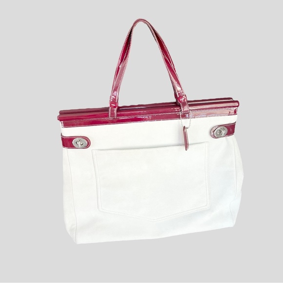 COACH SUEDE BORDEAUX PATENT LEATHER LARGE SATCHEL TURNLOCK - Picture 12 of 16